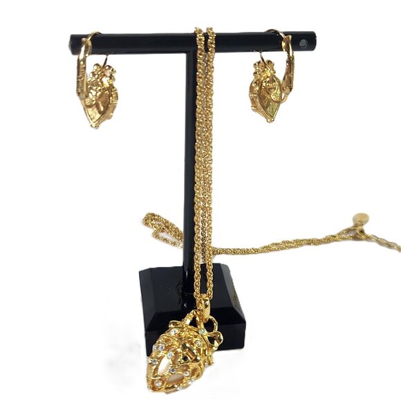 Faberge Egg Pendant Necklace Earrings Set Joan Rivers Jewelry Locket Rhinestone - Picture 10 of 12